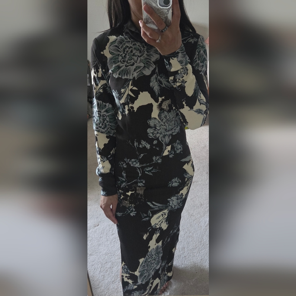 Reiss Floral Charcoal & Cream Dress With Side Slits